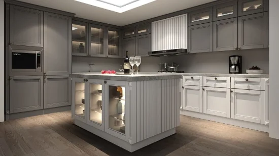 Mobili da cucina moderni con porta in stile shaker a isola in perline di fattoria con mobile base lavello country